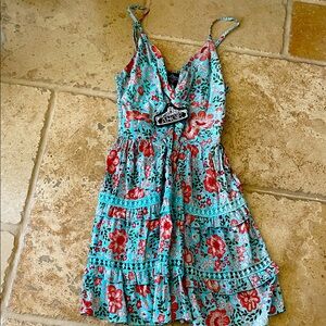 Angie Aqua Floral Tiered Mini Dress with Red Blooms